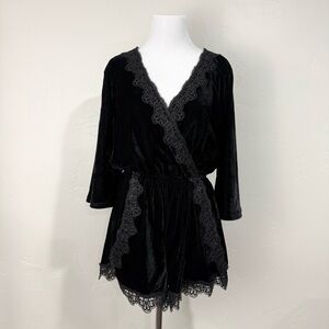 Favlux Black Velour Velvet Wrap Romper Lace Trim 3/4 Sleeve Whimsigoth Elegant